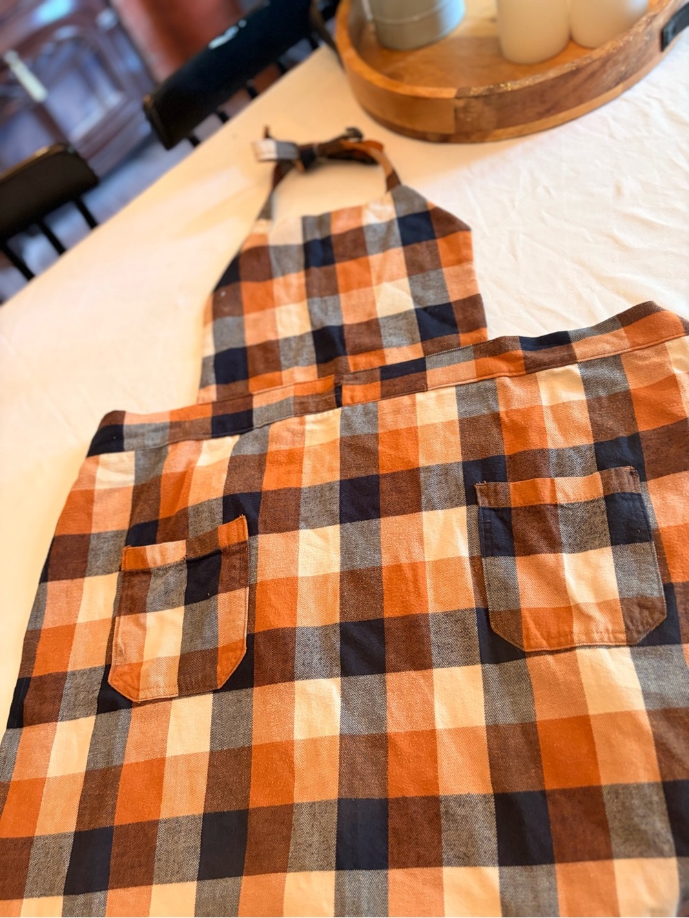 Kids Plaid Check Apron in Orange, Navy & Cream